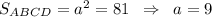 S_{ABCD}=a^2=81\;\; \Rightarrow\;\;a=9