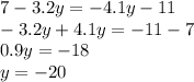 7 - 3.2y = - 4.1y - 11 \\ - 3.2y + 4.1y = - 11 - 7 \\ 0.9y = - 18 \\ y = - 20