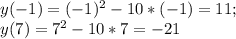 y(-1)=(-1)^{2} -10*(-1)=11;\\y(7)=7^{2}-10*7= -21