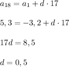 a_{18}=a_{1}+d\cdot 17\\\\5,3=-3,2+d\cdot 17\\\\17d=8,5\\\\d=0,5