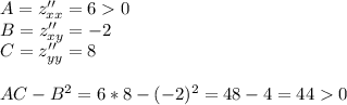 A=z''_{xx}=6 0 \\ B=z''_{xy}=-2 \\ C=z''_{yy}=8 \\ \\ AC-B^2=6*8-(-2)^2=48-4=440