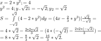 x=2*y^{2} ;=4\\y^{2} =4;y_-\sqrt{2}{1} =-\sqrt{2} ;y_{2} =\sqrt{2} \\S=\int\limits^ {\sqrt{2}}_{-\sqrt{2}} (4-2*y^{2} )dy=(4x-\frac{2}{3} *y^{3} ) |\frac{\sqrt{2} }{-\sqrt{2} } =\\ =4*\sqrt{2 } -\frac{2*2*\sqrt{2} }{3} -(4*(-\sqrt{2)}-\frac{2*2*(-\sqrt{2} )}{3})=\\ =8*\sqrt{2} -\frac{8}{3} *\sqrt{2} =\frac{16}{3} *\sqrt{2}.