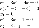 x^3-3x^2-4x=0\\x(x^2-3x-4)=0\\x_1=0\\x^2-3x-4=0\\x_2=4, x_3=-1