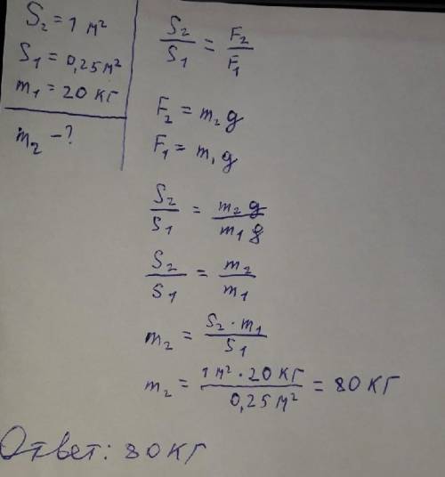 Груз какой массы m2 сможет поднять больший поршень гидравлического пресса площадью S2 = 1 м2, если н