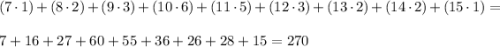 (7 \cdot 1) + (8 \cdot 2) + (9\cdot 3) + (10\cdot 6) + (11 \cdot 5) + (12\cdot 3) + (13\cdot 2) + (14 \cdot 2) + (15\cdot 1) = \\\\ 7 + 16 + 27 + 60 + 55 + 36 + 26 + 28 + 15 = 270