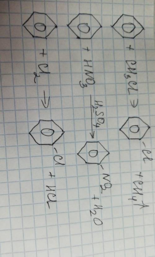 Написать реакцию бензола с: CH3-CL H2SO4 HNO3 Cl2