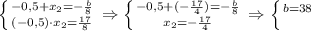 \left \{ {-0,5 +x_{2}=-\frac{b}{8} } \atop {(-0,5) \cdot x_{2}=\frac{17}{8} }} \right.\Rightarrow\left \{ {{-0,5+(-\frac{17}{4})=-\frac{b}{8} } \atop {x_{2}=-\frac{17}{4} }} \right. \Rightarrow \left \{ {{b=38} \atop {} \right.