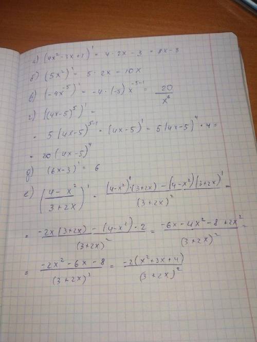 1. Вычислите производные: a) y=4x^2-3x+1 б) y=5x^2 в) y=-4x^-5 г) (4x-5)^5 д) y=6x-3 е) 4-x^2/3+2x