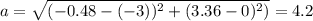 a=\sqrt{(-0.48-(-3))^2+(3.36-0)^2)}=4.2