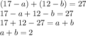 (17-a)+(12-b)=27 \\ 17-a+12-b=27 \\ 17+12-27=a+b \\ a+b=2