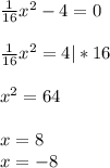 \frac{1}{16} x^{2} - 4 = 0\\\\\frac{1}{16} x^{2}=4|*16\\\\x^{2} =64\\\\ x=8 \\ x=-8