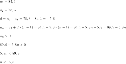 a_1=84,1\\ \\ a_2=78,3\\\\ d=a_2-a_1=78,3-84,1=-5,8\\ \\ a_n=a_1+d*(n-1)=84,1-5,8*(n-1)=84,1-5,8n+5,8=89,9-5,8n\\ \\ a_n0\\ \\ 89,9-5,8n0\\ \\ 5,8n