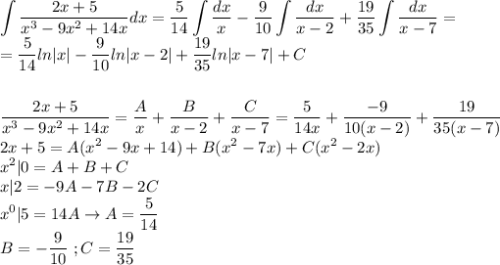 \displaystyle\int\frac{2x+5}{x^3-9x^2+14x}dx=\frac{5}{14}\int\frac{dx}{x}-\frac{9}{10}\int\frac{dx}{x-2}+\frac{19}{35}\int\frac{dx}{x-7}=\\=\frac{5}{14}ln|x|-\frac{9}{10}ln|x-2|+\frac{19}{35}ln|x-7|+C\\\\\\\frac{2x+5}{x^3-9x^2+14x}=\frac{A}{x}+\frac{B}{x-2}+\frac{C}{x-7}=\frac{5}{14x}+\frac{-9}{10(x-2)}+\frac{19}{35(x-7)}\\2x+5=A(x^2-9x+14)+B(x^2-7x)+C(x^2-2x)\\x^2|0=A+B+C\\x|2=-9A-7B-2C\\x^0|5=14A\to A=\frac{5}{14}\\B=-\frac{9}{10}\ ;C=\frac{19}{35}