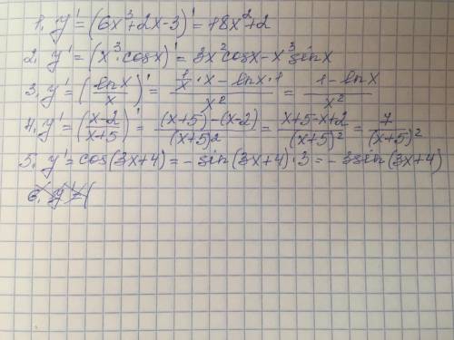 Найдите производные функции: 1)у=6x^3+2x-3 2)y=x^3*Cosx 3)y=lnx/x 4)y=x-2/x+5 5)y=cos(3x+4)​