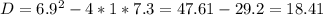 D = 6.9^{2} -4*1*7.3 = 47.61-29.2=18.41