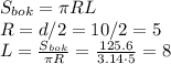 S_{bok}=\pi RL\\R=d/2=10/2=5\\L=\frac{S_{bok}}{\pi R}=\frac{125.6}{3.14\cdot 5}=8