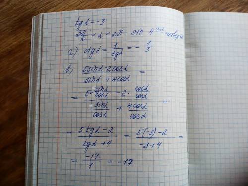 Tgα = -33π/2 < α < 2πНайти:а) ctgαb) 5sinα -2cosα/sinα + 4cosα