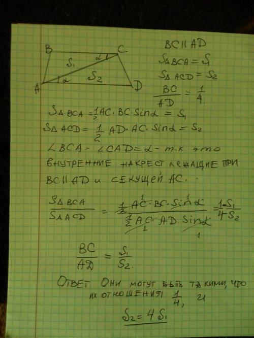 Диагональ трапеции делите ее на два треугольника, площади которых s1 и s2. Какими могут быть s1 и s2