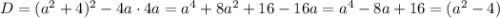 D = (a^{2} + 4)^{2} - 4a \cdot 4a = a^{4} + 8a^{2} + 16 - 16a = a^{4} - 8a + 16 = (a^{2} - 4)