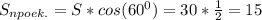 S_{npoek.} = S * cos (60^{0}) = 30 * \frac{1}{2} = 15