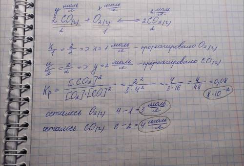 Исходные концентрации СO и O2 в обратимой реакции 2CO (г) + O2 (г) ↔ 2 CO2 (г) Равны соответственно