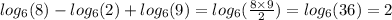 log_{6}(8) - log_{6}(2) + log_{6}(9) = log_{6}( \frac{8 \times 9}{2} ) = log_{6}(36) = 2