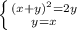 \left \{ {{(x+y)^2=2y} \atop {y=x}} \right.