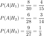 P(A|H_1)=\dfrac{8}{30}=\dfrac{4}{15}\\ \\ P(A|H_2)=\dfrac{6}{28}=\dfrac{3}{14}\\ \\ P(A|H_3)=\dfrac{9}{27}=\dfrac{1}{3}