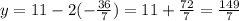 y = 11 - 2 (-\frac{36}{7} ) = 11+\frac{72}{7} = \frac{149}{7}