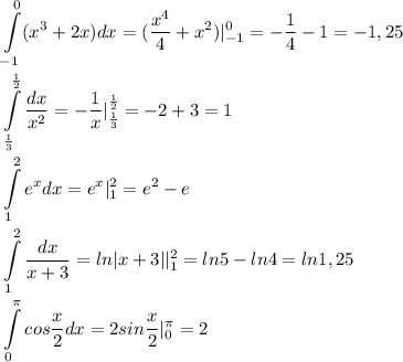 \displaystyle\int\limits^0_{-1}(x^3+2x)dx=(\frac{x^4}{4}+x^2)|^0_{-1}=-\frac{1}{4}-1=-1,25\\\\\int\limits^\frac{1}{2}_\frac{1}{3}\frac{dx}{x^2}=-\frac{1}{x}|^\frac{1}{2}_\frac{1}{3}=-2+3=1\\\\\int\limits^2_1e^xdx=e^x|^2_1=e^2-e\\\\\int\limits^2_1\frac{dx}{x+3}=ln|x+3||^2_1=ln5-ln4=ln1,25\\\\\int\limits^\pi_0cos\frac{x}{2}dx=2sin\frac{x}{2}|^\pi_0=2