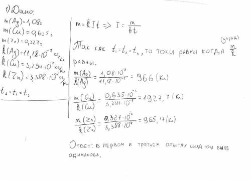 При электролизе солей в трех опытах за одинаковое время получено: а) 1,08г серебра; б) 0,635г меди;