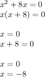 {x}^{2} + 8x = 0 \\ x(x + 8) = 0 \\ \\ x = 0 \\ x + 8 = 0 \\ \\ x = 0 \\ x = - 8