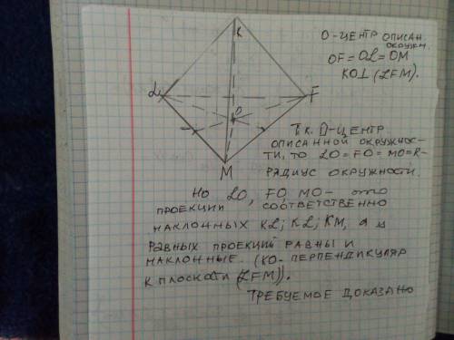 Через центер описаного навколо трикутника кола проведемо пряму перпендикулярну до площини трикутника