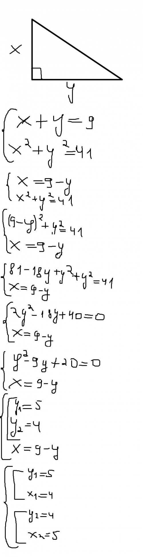 Знайдіть площу прямокутного трикутника, якщо сума йоо катетів = 9см, а сума їх квадратів = 41 см