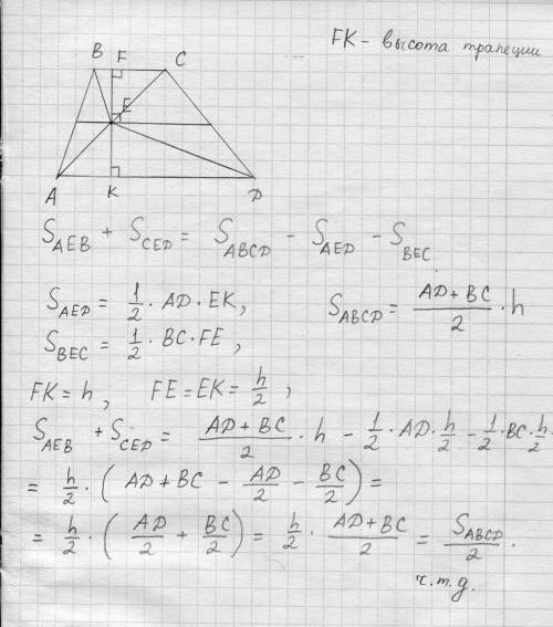 На сред­ней линии тра­пе­ции ABCD с ос­но­ва­ни­я­ми AD и BC вы­бра­ли про­из­воль­ную точку E. До­к