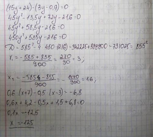 Розв'яжіть рівняння: А) (15y+24)*(3y-0,9)=0 b) 0,6*(x+7) -0,5*(x-3) = -6,8