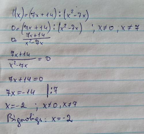 Як знайти область визначення функції f(x)=(7х+14)/(х^2-7х)