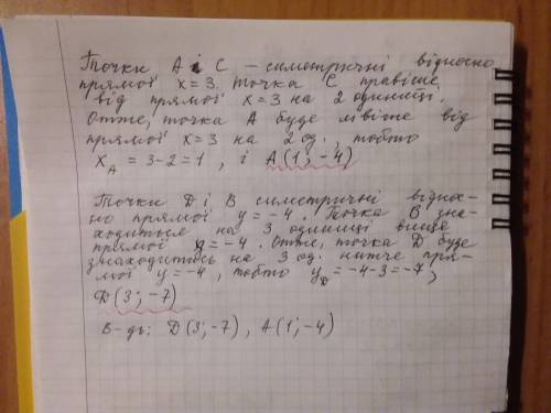 Осями симетрії ромба є прямі x=3 y=-4. двома його сусідними вершинами є точки B(3;-1) і C(5;-4). Зна