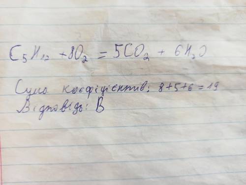 3. Напишіть рівняння реакції взаємодії пентану з киснем та вкажітьчисло, яке відповідає сумі всіх ко