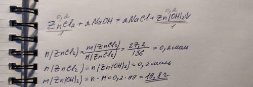 Обчисліть масу цинк гідроксиду, що утвориться при взаємодії 27,2 г цинк хлориду з натрій гідроксидом