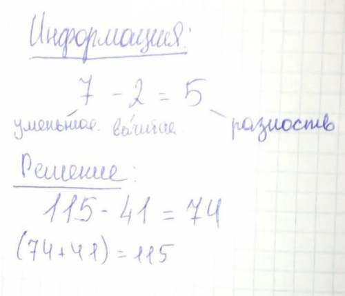 Вычитаемое равно 41, а разность равна 74. Уменьшаемое равно: 105 43 33 115