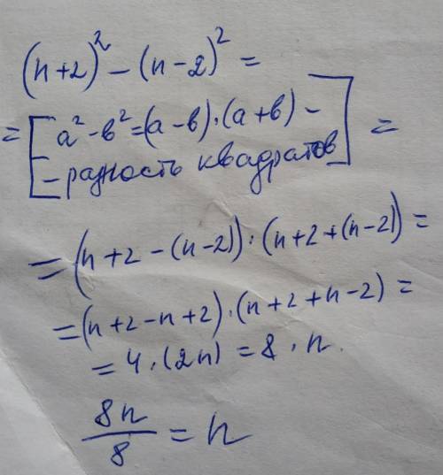 Довести,що значення вииразу (n+2)²-(n-2)² ділиться на 8 для будь якого цілого значення n