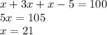 x+3x+x-5=100\\5x=105\\x=21\\