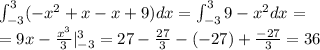 \int_{ - 3}^{3} ( - {x}^{2} + x - x + 9)dx = \int_{ - 3}^{3} 9 - {x}^{2} dx = \\ = 9x - \frac{ {x}^{3} }{3} |_{ - 3}^{3} = 27 - \frac{27}{3} -( - 27) + \frac{ - 27}{3} = 36