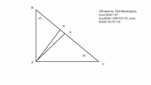 Дан прямоугольный треугольник АВС, ∠В= 35 градусов, ∠С=55 градусов. Найдите угол между биссектрисой