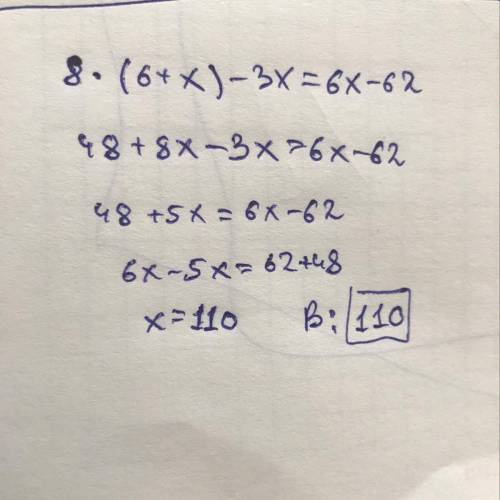 решить уравнение 8⋅(6+x)−3x=6x−62