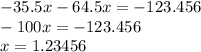 - 35.5x - 64.5x = - 123.456 \\ - 100x = - 123.456 \\ x = 1.23456