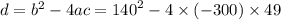 d={b}^{2}-4ac ={140}^{2}-4 \times( - 300) \times49