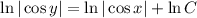 \ln|\cos y|=\ln|\cos x|+\ln C