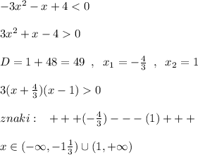 -3x^2-x+40\\\\D=1+48=49\; \; ,\; \; x_1=-\frac{4}{3}\; \; ,\; \; x_2=1\\\\3(x+\frac{4}{3})(x-1)0\\\\znaki:\; \; \; +++(-\frac{4}{3})---(1)+++\\\\x\in (-\infty ,-1\frac{1}{3})\cup (1,+\infty )